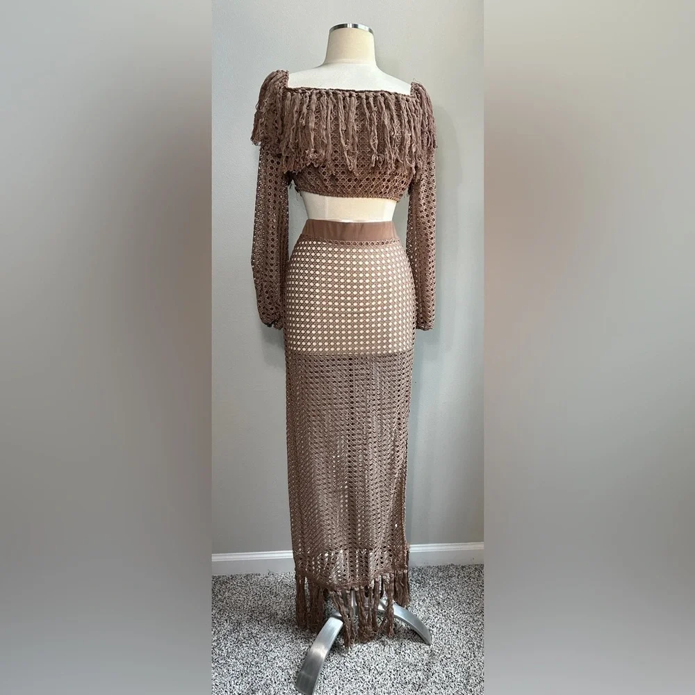 Brown Crochet 2-Piece Swimsuit Cover-Up Set – Size Large